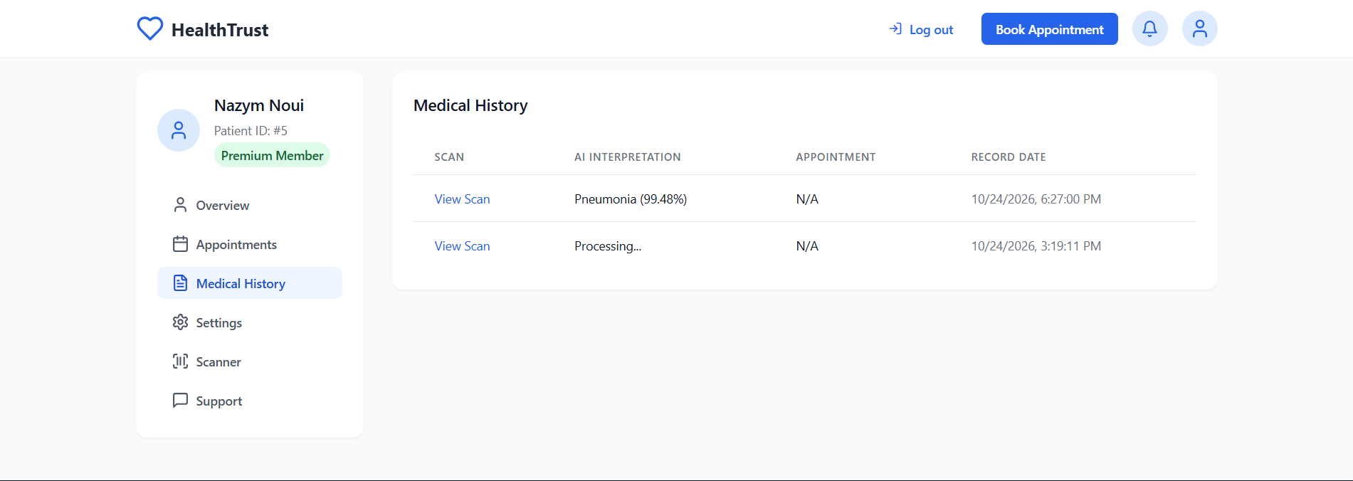 HealthTrust homepage showing Expert Health Consultations Anytime Anywhere landing hero